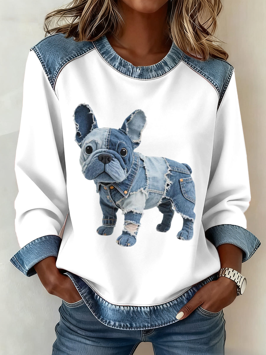 ALMA – Women’s Sweatshirt with Denim Patchwork in French Bulldog Style